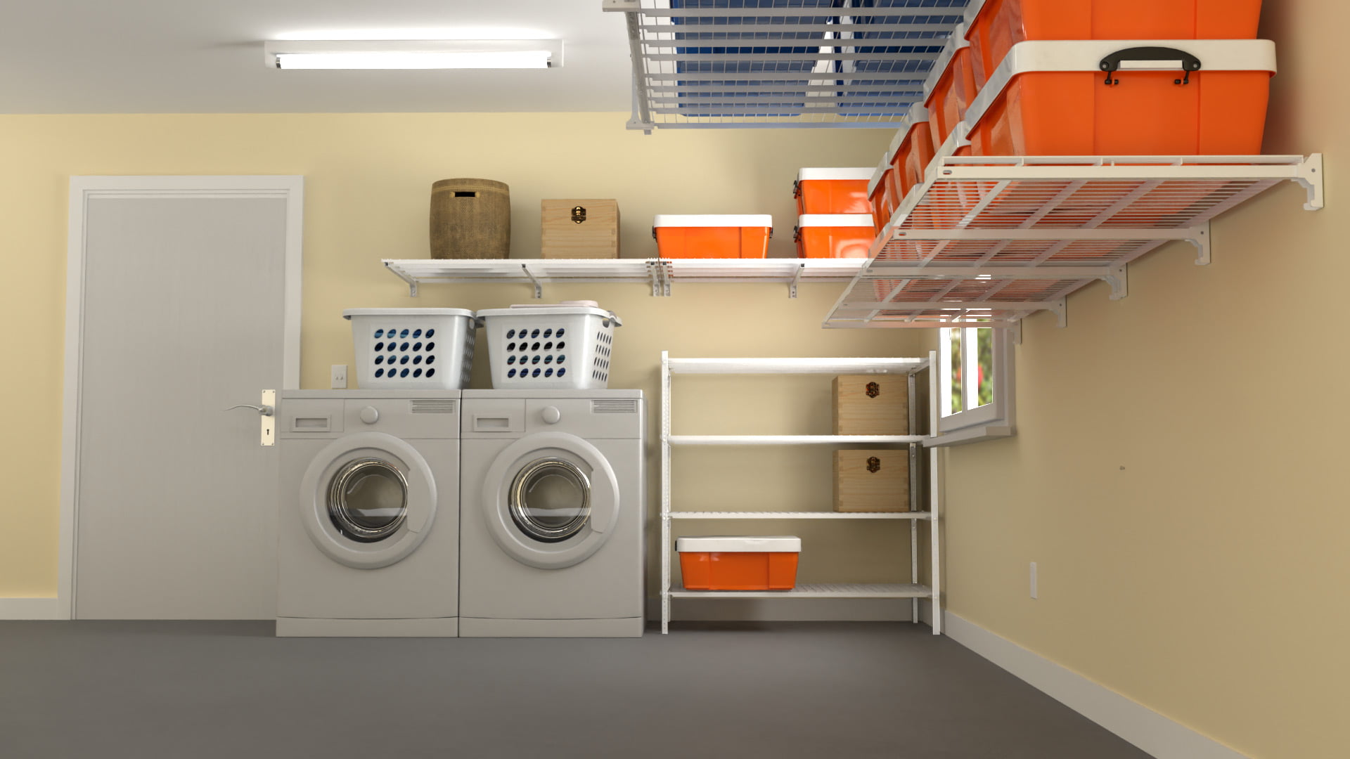 Overhead storage solutions with shelving and organized systems