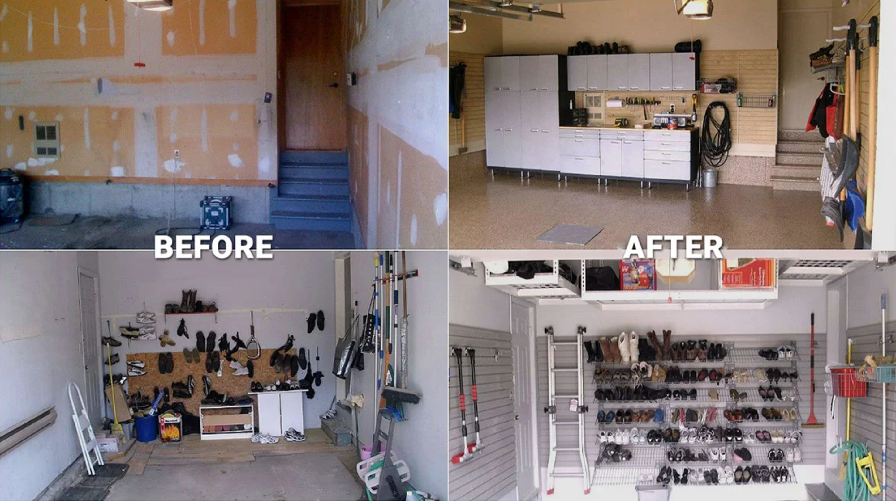Before and after garage transformation showing complete renovation results